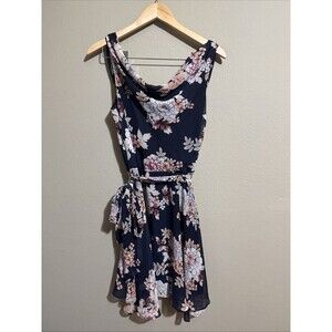Women’s Navy Floral Sleeveless Dress Cowl Neck Tie Waist Flowy - Medium